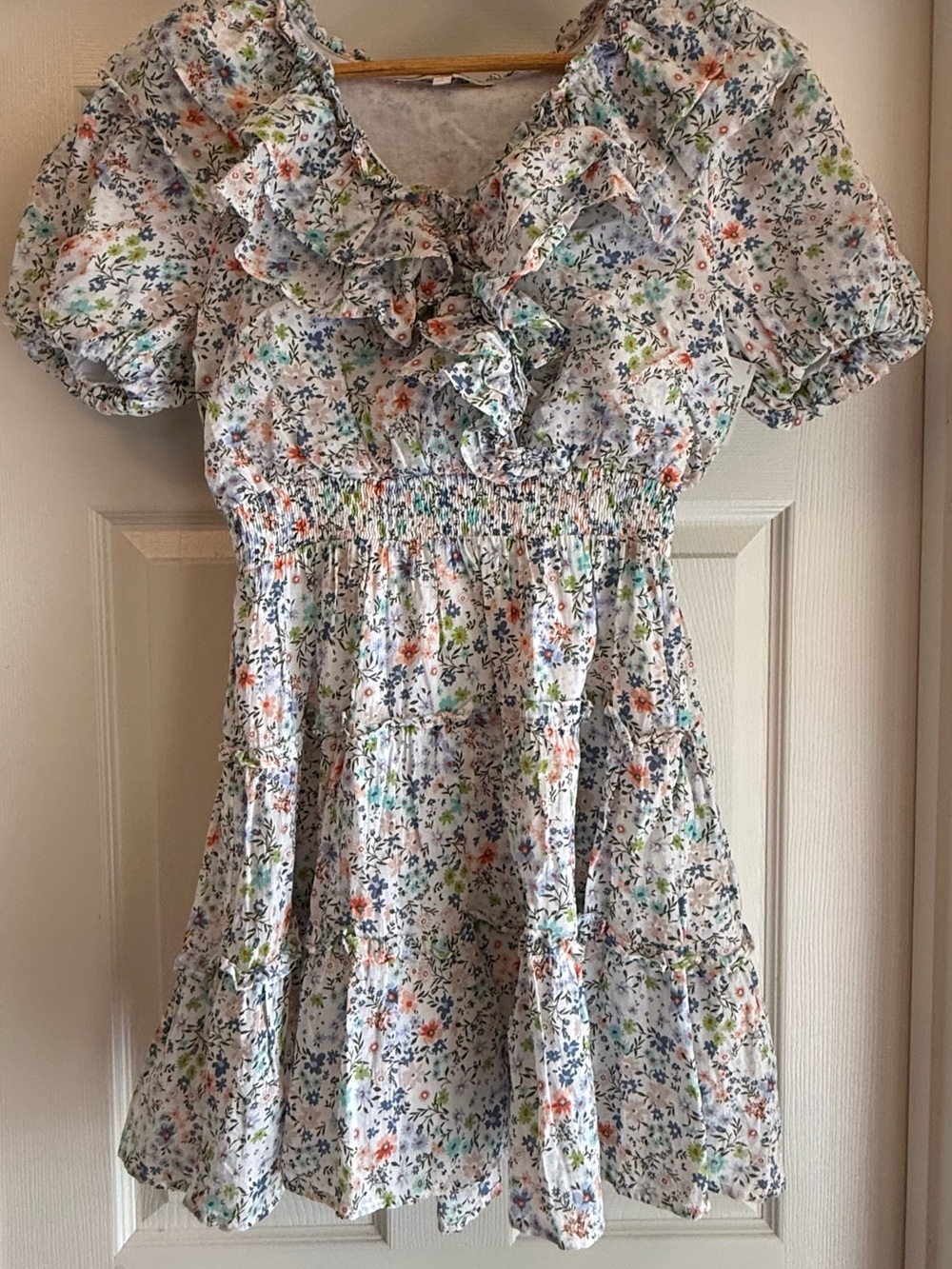 Karlie Light Blue Floral Ruffle 100% Cotton Mini Dress Size Small. Babydoll